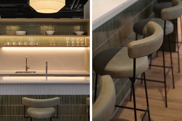 Bar stools at the kitchen island are Warwick Pelle Sage.