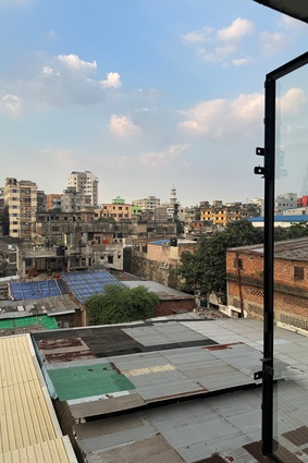 Lattice-work roofing of the informal settlements, viewed from Salauddin Ahmed’s Atelier Robin Architects studio.