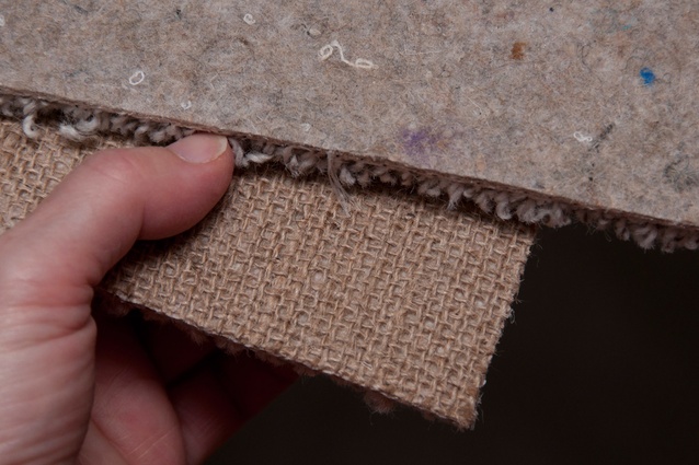 Carpet backing from recycled wool carpet (top), compared to jute (bottom).