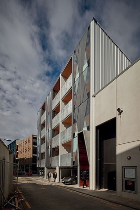 The Aria Apartments building at Vinegar Lane, designed by TOA Architects, consists of retail and 20 freehold apartments. The geometric façade is inspired by tukutuku panels.
