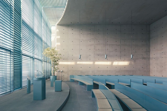 Crematorium Baumschulenweg, Berlin, by Shultes Frank Architeckten. Ceremonial halls are boxes of split stone, set open-fronted into a second, slat-steered casing of glass.