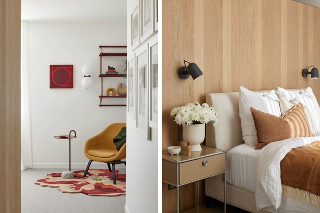 Toasty red and oatmeal accents are found in the more-private spaces.