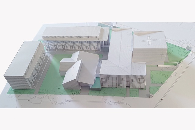 Paper site model, including future accommodation stages (left).