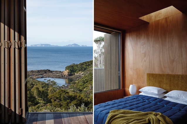 When the bifold shutters are stacked right back, a natural sea pool seems as though it is part of the property; the cabin-like bedrooms are lined in Gaboon ply and have skylights for stargazing. The owner made the mustard blanket to team with the headboard.