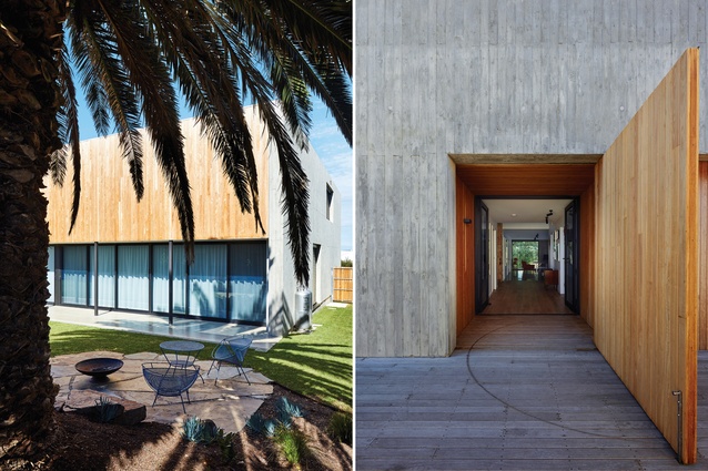 The house is designed on a strict three-metre grid, for rhythm in the plan and efficiency in the design and build; when the pivot door is open it signals that someone is home and when closed it keeps the boardwalk clear.