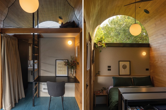 A loft over a workspace and bathroom (left) and the bed shelters behind books (right).