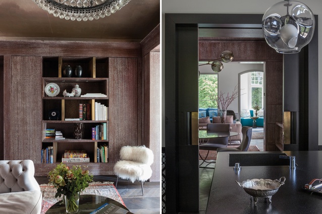 In the library, the chandelier is Arctic Pear by Ochre, the goldleaf wallpaper is from Welter, the tan suede sofa is the Diana Chester by Baxter and the chair is Paola Navone’s Mama Nepal; the custom-made kitchen has Gaggenau cabinets and black granite benchtops.