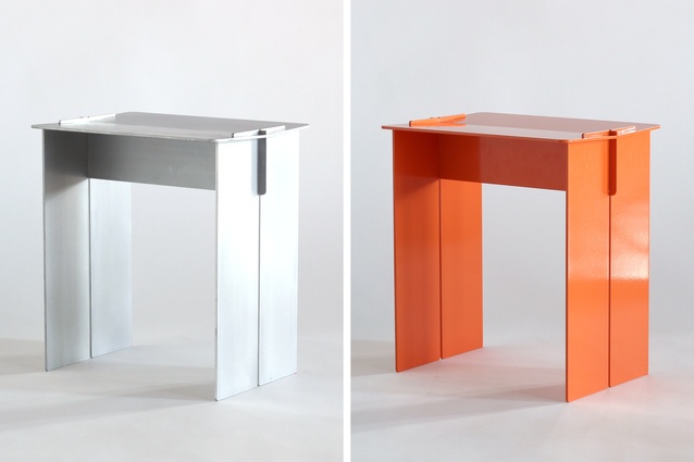 The Kit Stool in brushed (left) and tangerine (right).