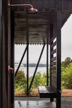 An outside shower with a view.