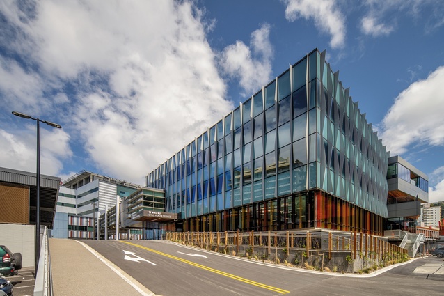 The new building’s exterior façade was intended to relate to the distant, whitebanded Regional Hospital buildings. The bridge link, with its recycled cladding, interrupts the vague relationship.