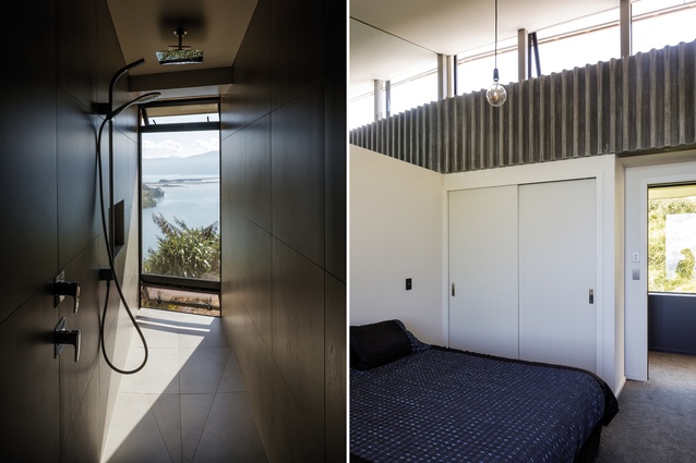The shower room offers a vertical panorama of the water; while it appears substantial from the outside, the house has just two modest bedrooms.

