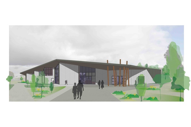 Visualisation of the new Linvart Park Multi-Sports Centre in Kaikohe by ĀKAU, due for completion in early 2024.