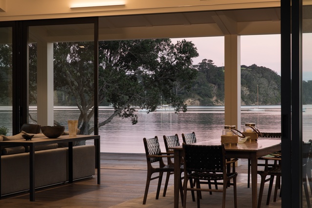 Scotts Landing: The living and dining area overlook the inlet.