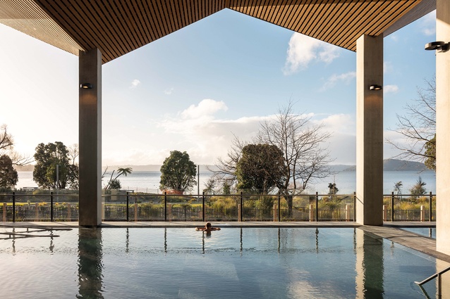 The whare is elevated to give beautiful views of Te Rotorua-nui-a-Kahumatamomoe and the sacred Mokoia beyond from Te Wai Whakaoho, Te Tirotiro Whetū and The Sanctuary pool area.