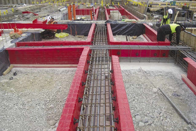 Foundation beams connecting to 25-metre screw piles.