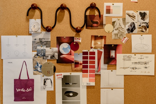 A mood board in Nightworks’ Christchurch studio shows some of the key inspiration behind its new La~De~Da Pendant.