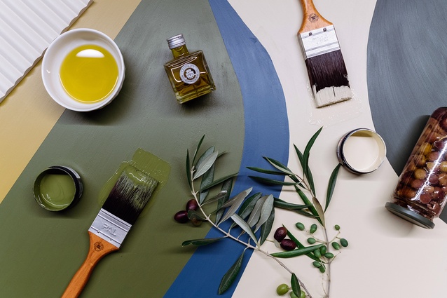 The process of olive harvesting inspired Saskia's earthy and calming mood board colours. From left is <a 
href="https://www.resene.com.au/swatches/preview.php?chart=Resene%20The%20Range%202006&brand=Resene&name=Double%20Spanish%20White#:~:text=Resene%20Double%20Spanish%20White%20is,neutral%20gives%20interest%20and%20warmth"style="color:#3386FF"target="_blank"><u>Resene Double Spanish White</u></a> (on scalloped board), <a href="https://www.resene.co.nz/swatches/preview.php?chart=Resene%20Multi-finish%20range%20%28pre%202006%29&brand=Resene&name=Stinger "style="color:#3386FF"target="_blank"><u>Resene Stinger</u></a>, <a href="https://shop.resene.co.nz/testpot-saratoga-55ml-60ml "style="color:#3386FF"target="_blank"><u>Resene Saratoga</u></a>, <a href="https://shop.resene.co.nz/testpot-ivanhoe-55ml-60ml"style="color:#3386FF"target="_blank"><u>Resene Ivanhoe</u></a>, <a href="https://www.resene.co.nz/swatches/preview.php?chart=Resene%20Multi-finish%20range%20%282008%29&brand=Resene&name=Yuma"style="color:#3386FF"target="_blank"><u>Resene Yuma</u></a>, and <a href="https://shop.resene.co.nz/testpots/l/resene-colour-id:2556?colour=Seaweed"style="color:#3386FF"target="_blank"><u>Resene Seaweed</u></a>.