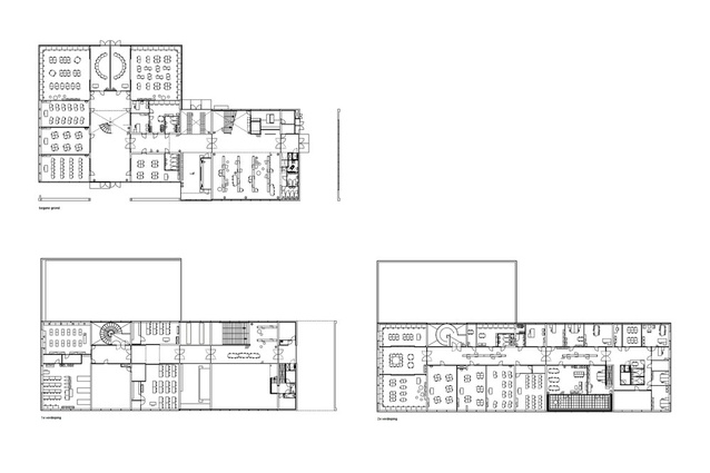 Panta Rhei, floor plans. Top left is ground; bottom left, level one; bottom right, level 2.