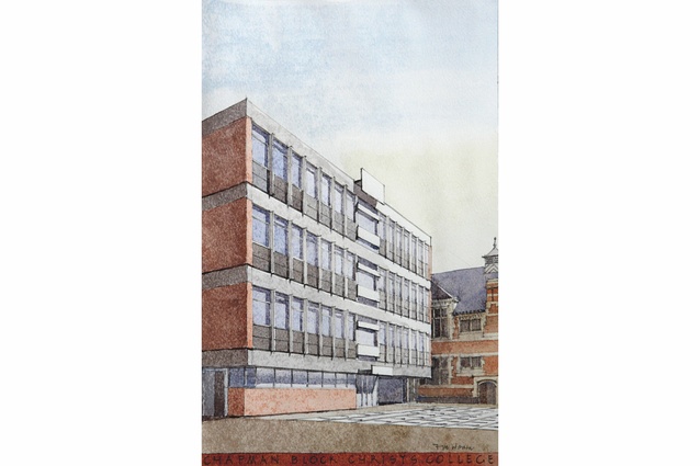 Chapman Block presentation perspective drawing.Watercolour and pencil on paper. Sir Miles Warren ca 1960. Collection Sir Miles Warren.
