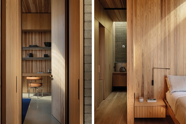 Left: Looking through the mudroom doorway into the ground-level of the ‘retreat’ block. Right: Each of the two bedrooms in the guest wing and the common bathroom opens to a small courtyard.