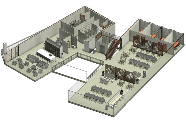 A 3D representation of possible communal spaces for a co-living/working design project.