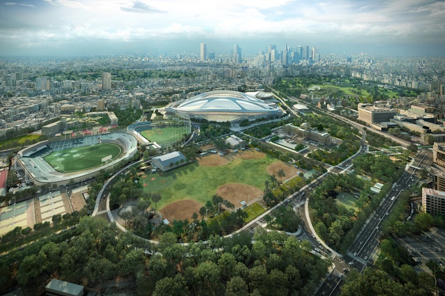 The proposed Tokyo Olympic Stadium by Zaha Hadid Architects will be located on the site of the existing stadium in the historic Jingu-Gaien district.