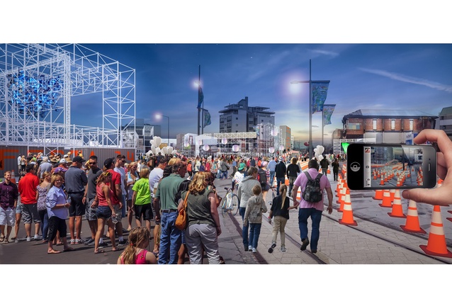 Render for FESTA 2014, showing Christchurch city re-imagined as a pop-up city via a temporary scaffolding framework and augmented reality apps via phones and tablets. 
