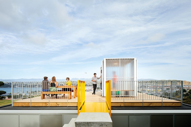 A municipal yellow gantry leads to the roof deck, which has a view to the south. The ‘bus stop’ doubles as a lantern at night.