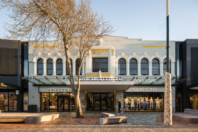 A C Ford’s art-deco Cambridge Arcade façade on Esk Street maintains its iconic place above a contemporary glazed retail frontage.