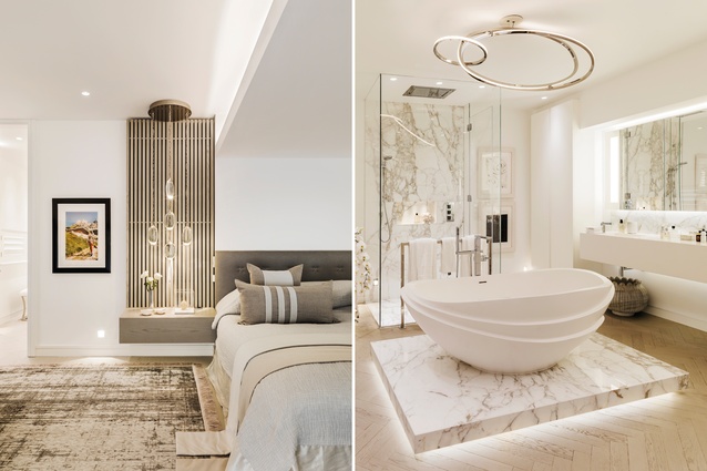 Delicate bedside lamps from Ochre are framed by ribbed panels, adding symmetry; the design for the apaiser bath-tub was inspired by a stack of bowls Hoppen designed for Wedgwood.
