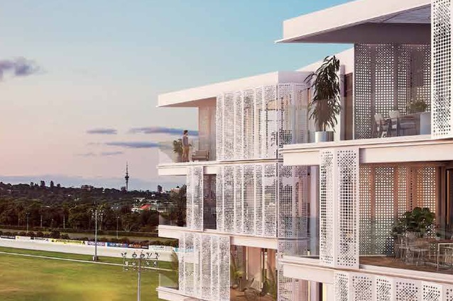 A render of the East Gate apartment building with views across Alexandra Park. 