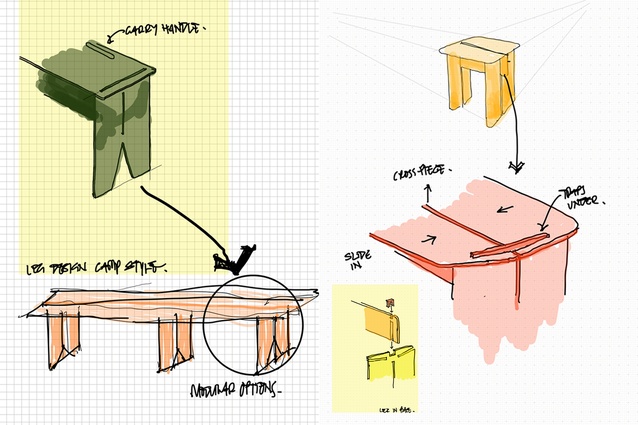 Concept drawings showing how the stool slots together.