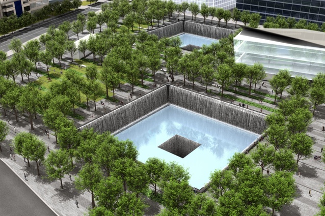 The large reflecting pools in the memorial plaza.