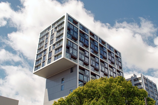 The apartments’ cantilevered north-west façade viewed from Wellington’s Victoria Street.