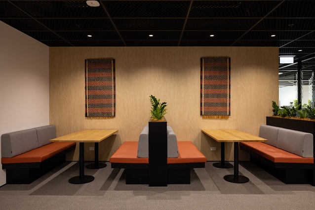 Tukutuku panels are placed above Ngāti Whātua Ōrākei Trust’s entrance booth seating.