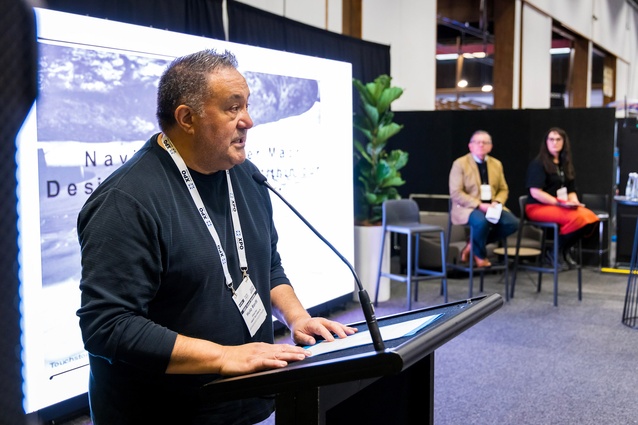 Huia Reriti presenting talk ‘Navigating Better Māori Design Integration within our Built Environment’ at BuildNZ 2023. 