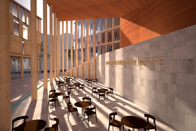 Andrew Sexton Architecture's outdoor cafe is included in a re-imagining of the iconic Christchurch Repertory Theatre. 