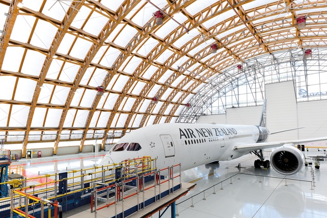 The last three trusses are steel to absorb the extra loads imposed by the system of massive doors.