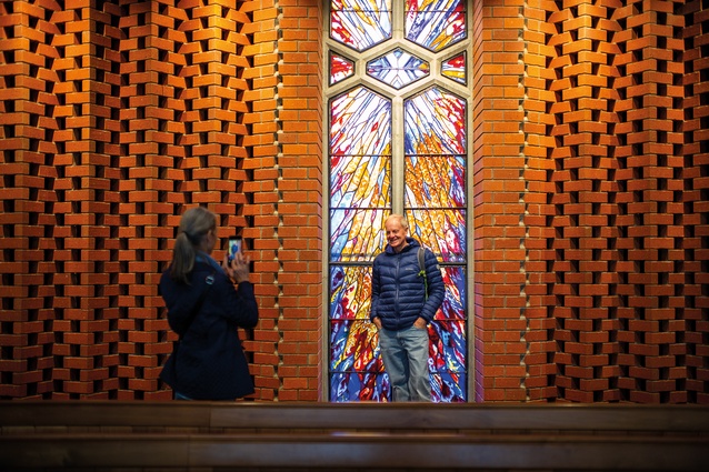 An Open Christchurch attendee enjoys the details at St Andrew’s College Centennial Chapel (Architectus, 2016).