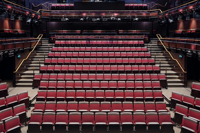 The first few rows that wrap a thrust-like forestage shift the framed end stage format and may challenge designers who
will be designing primarily for
a proscenium stage.