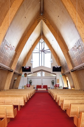 The congregation’s view of the altar and pulpit to the west.