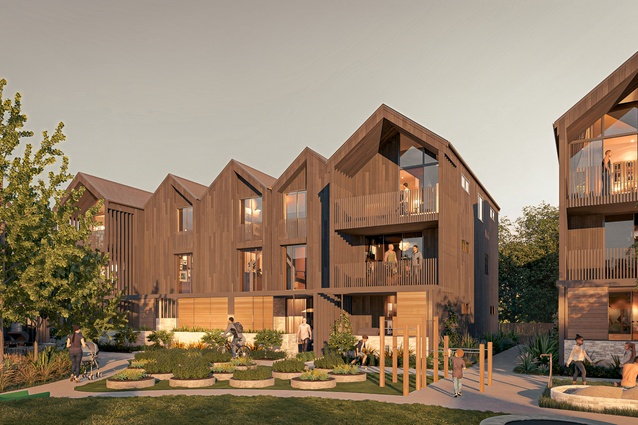 Three-storey family homes overlooking māra kai and the play area for kids and adults.