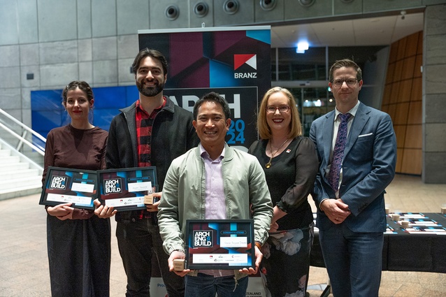 ArchEngBuild BRANZ 2024 winners Ella Knapton, Douglas Gonçalves and Francis Orendain with Claire Falck BRANZ CEO and Hon. Chris Penk.