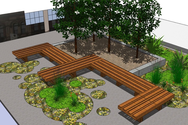 A visualisation of the concept developed with an informal seating area from recycled wooden pallets and gabions from Victoria Green.