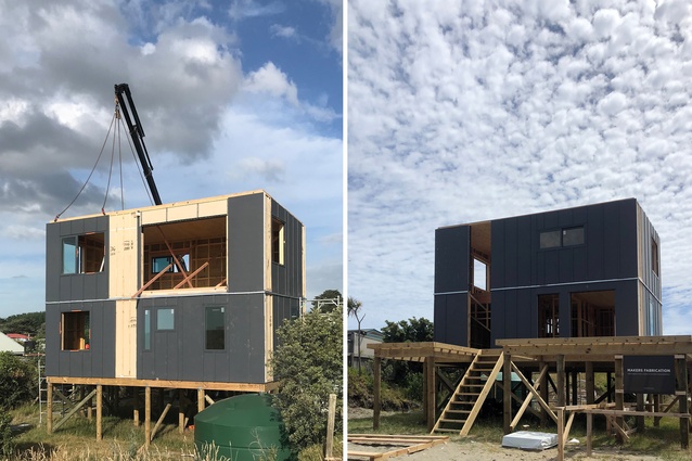 Makers’ Waitarere Beach bach - a hybrid panelised construction utilising CLT floor and roof panels, in conjunction with pre-framed and clad walls - was assembled and in one day. 