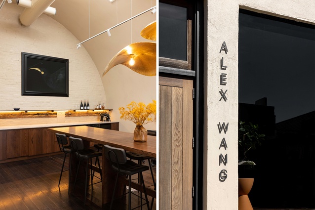 Left: an exposed brick wall communicates the building's age. Right: The entry with Alex Wang  bespoke signage.