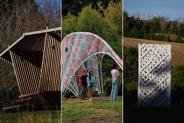 Recent final forms of Brick Bay Folly winners include (from left to right): <em>The Wood Pavilion</em> in 2019, <em>Jonah</em> in 2018 and <em>Genealogy of the Pacific</em> in 2020.
