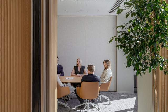 Deep oak doorways distinguish the minimalist inviting board rooms and meeting rooms from the open plan work stations. 