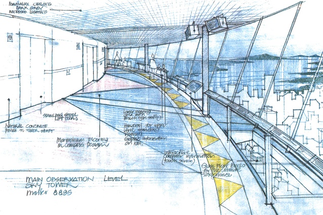 Sketch by Gordon Moller of Sky Tower's main observation deck. August 1995.