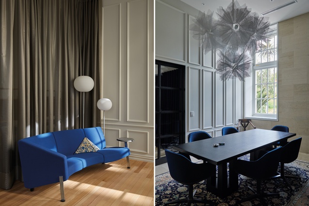 The bright-blue velvet couches are re-upholstered Fritz Hansen pieces. They sit beside <a 
href="https://ecc.co.nz/lighting/indoor/floor-lamps/traditional/fl406401-glo-ball-f"style="color:#3386FF"target="_blank"><u>Flos Glo-Ball Floor</u></a> lamps.